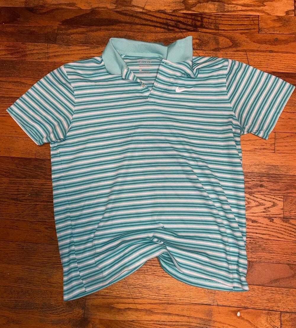 Nike Men's Dri-FIT Striped Golf Polo Shirt Teal Blue White Size L Standard Fit